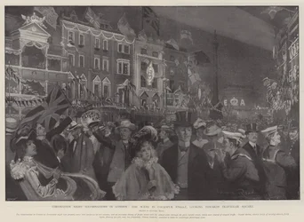 Coronation Night Illuminations in London, the Scene in Cockspur Street, looking towards Trafalgar Square
